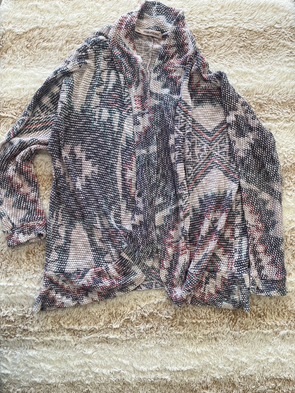 Maurices Open-Front Patterned Cardigan Sweater - white, blue